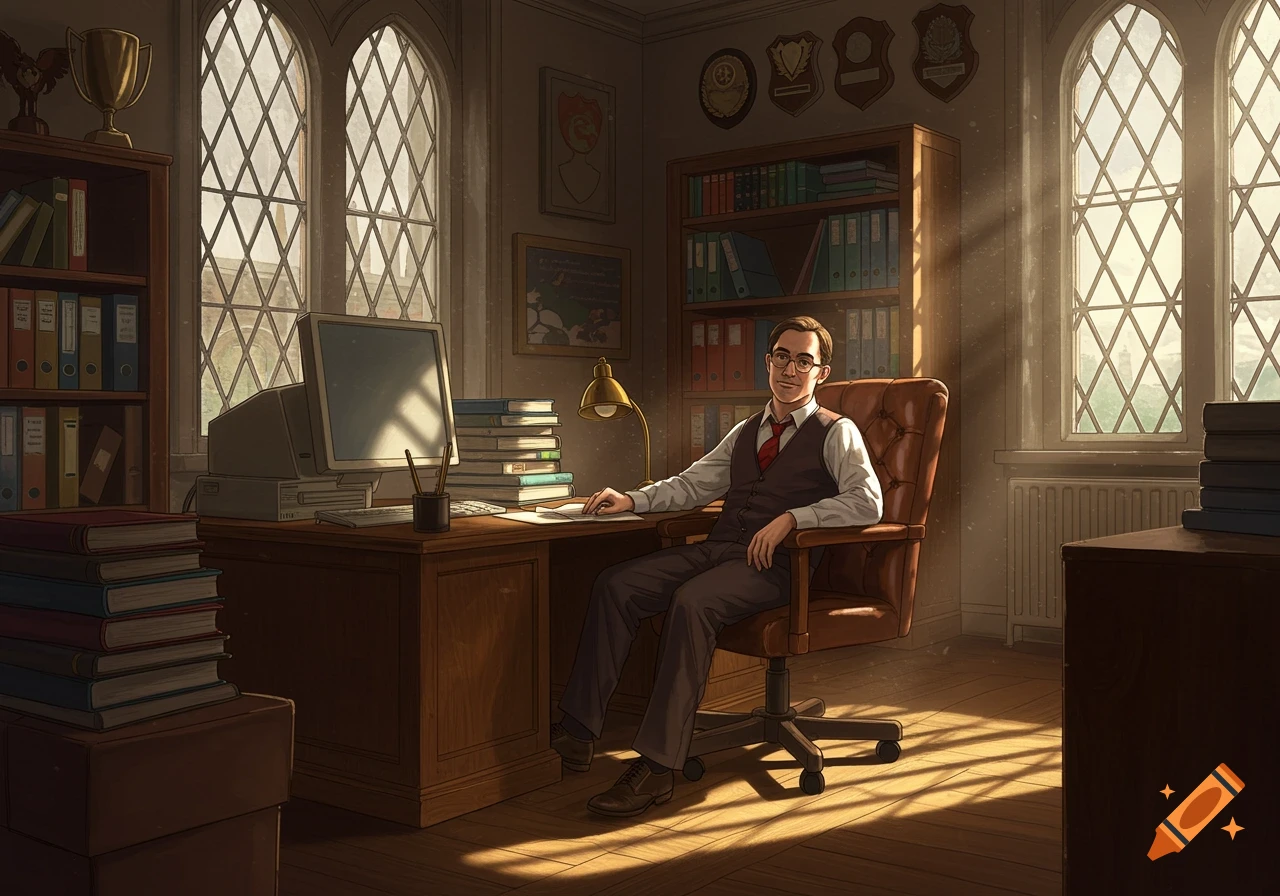 A smiling man wearing glasses and a vest sits at a wooden desk with an old computer, books, and papers in a sunlit office with large windows.