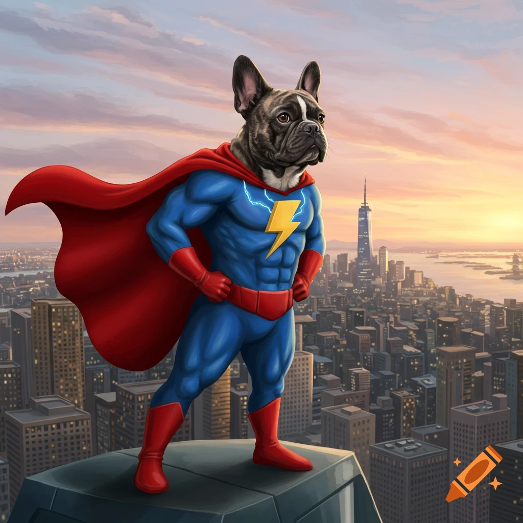 Brindle French Bulldog superhero in blue suit and red cape stands confidently on a rooftop overlooking a city at sunset.