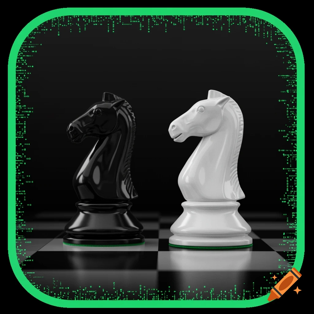 A black and a white chess knight on a chessboard, framed by a neon green border with digital code pattern.