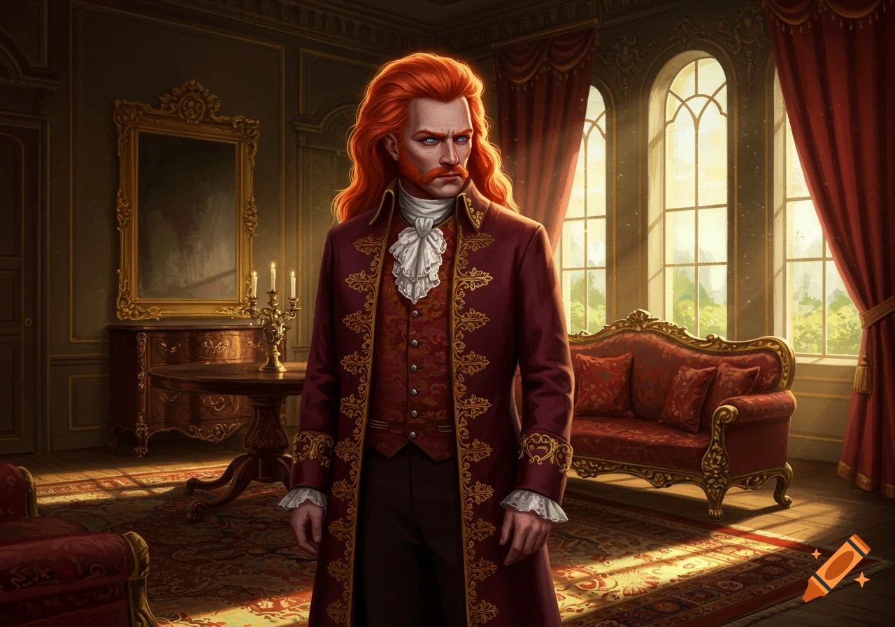 Red-haired man in a maroon 19th-century coat with gold trim stands in a grand manor room with ornate red furniture.