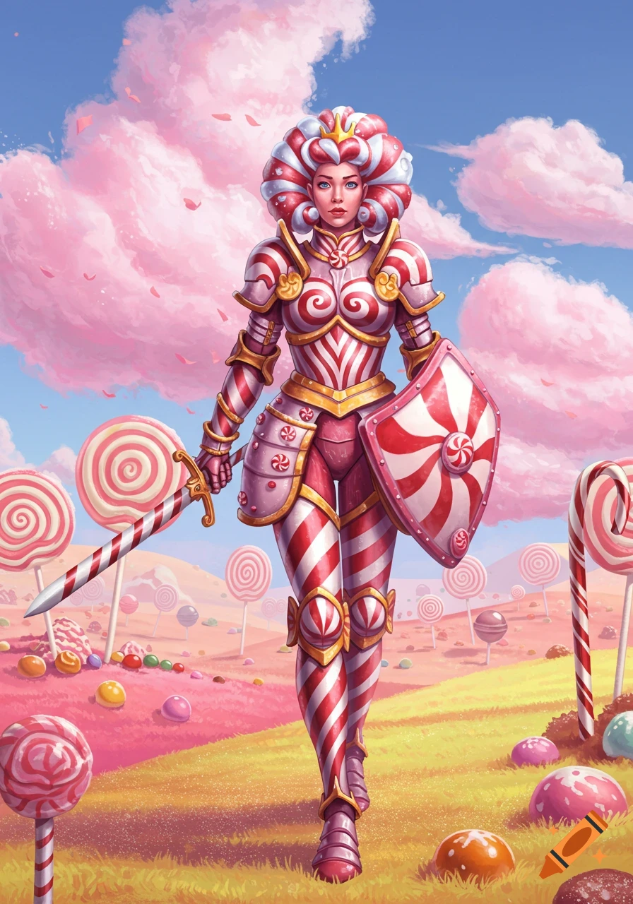 A candy-themed princess in intricate armor, holding a sword and shield, stands in a vibrant candy landscape under a pink cloudy sky.