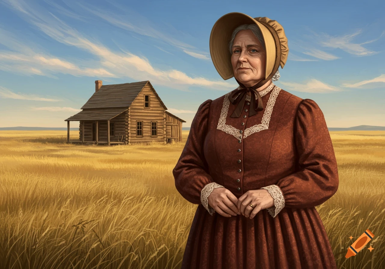 An older woman in a brown 1800s dress and bonnet stands in a golden wheat field with a log cabin behind her under a blue sky.