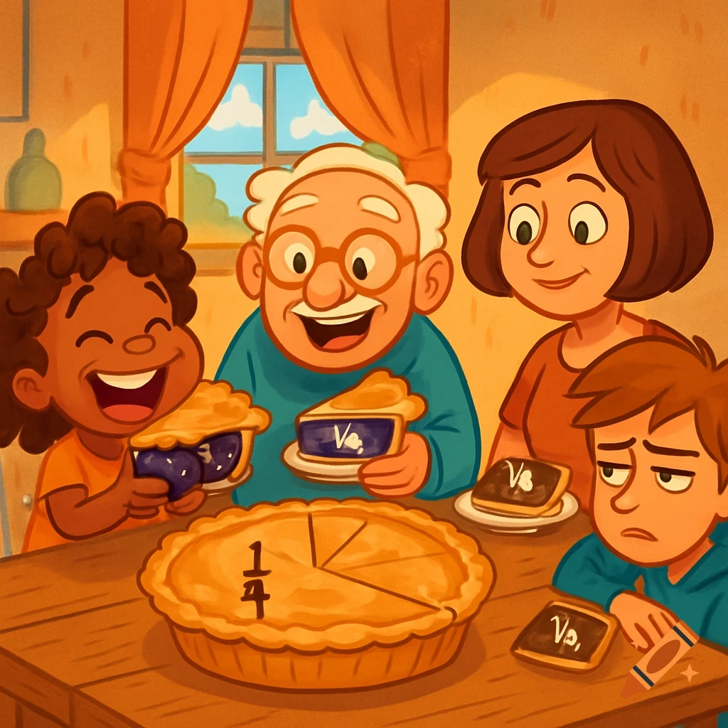 Cartoon family at a table, some happy with pie slices, one sad, with a pie showing a '1/4' fraction.