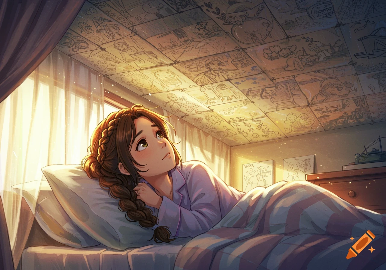 Anime girl with braided hair in pajamas lies on bed, looking up at ceiling covered in sketches, with morning light streaming in.