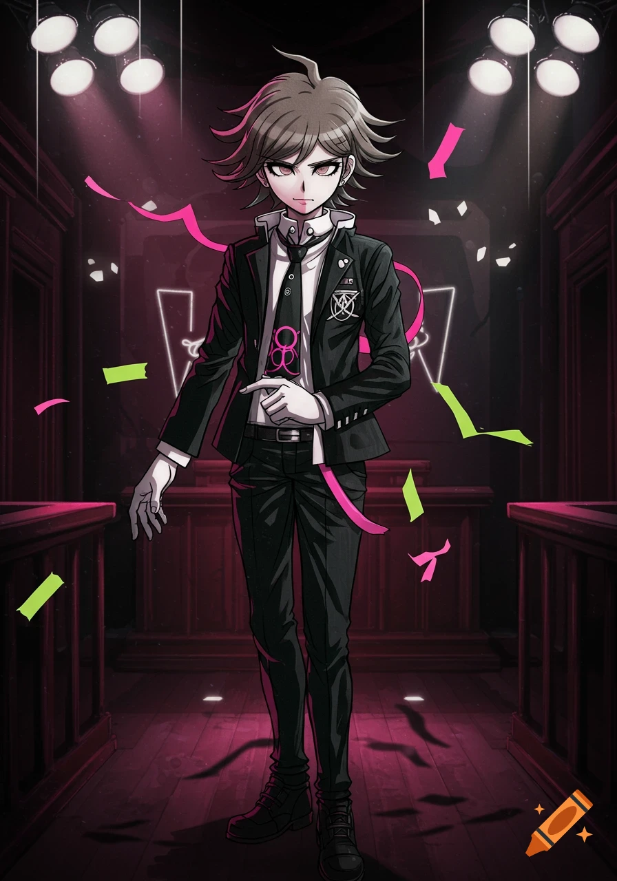 Anime character in a black suit with a pink tie, standing in a dark, spotlight-lit room with confetti.