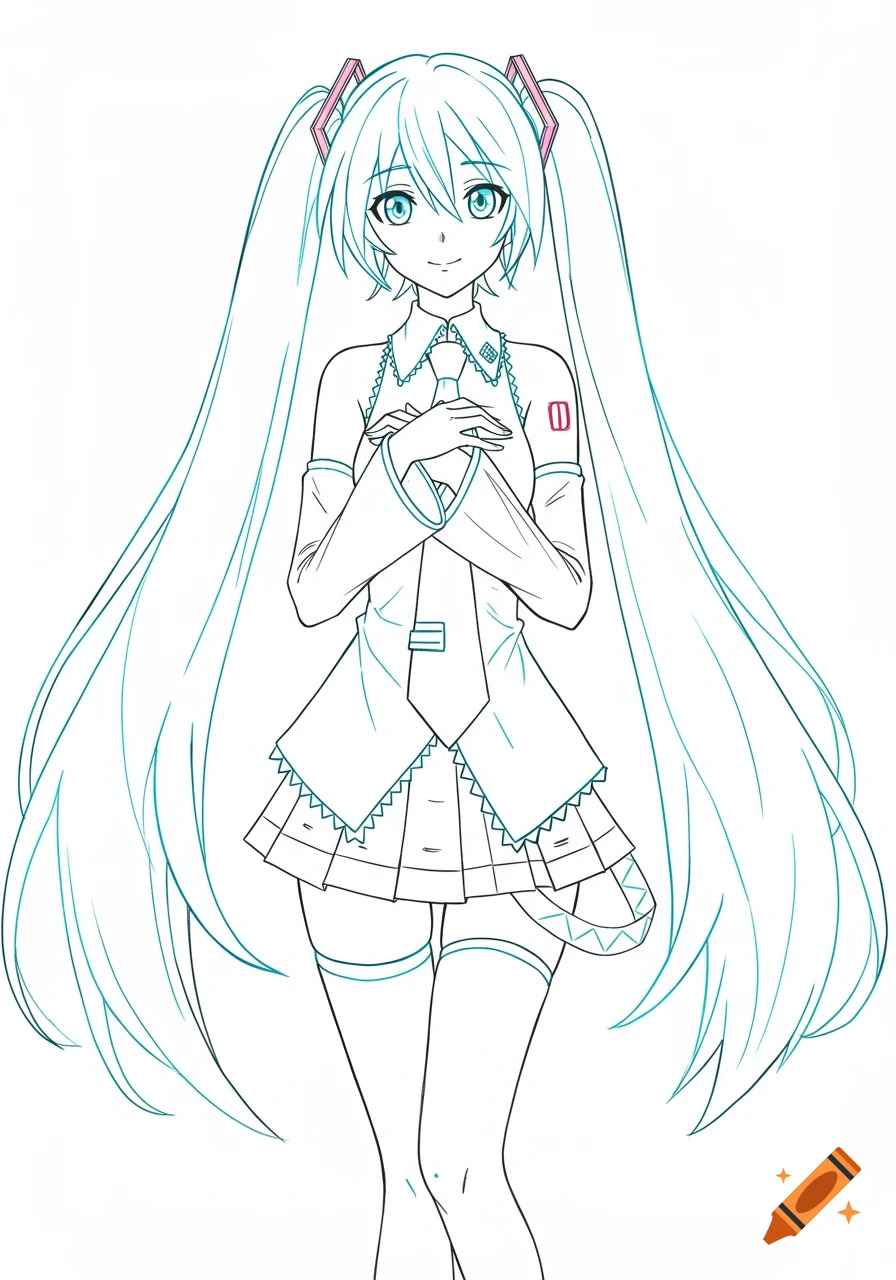 A line art drawing of Hatsune Miku with long teal pigtails, her hands clasped over her chest.