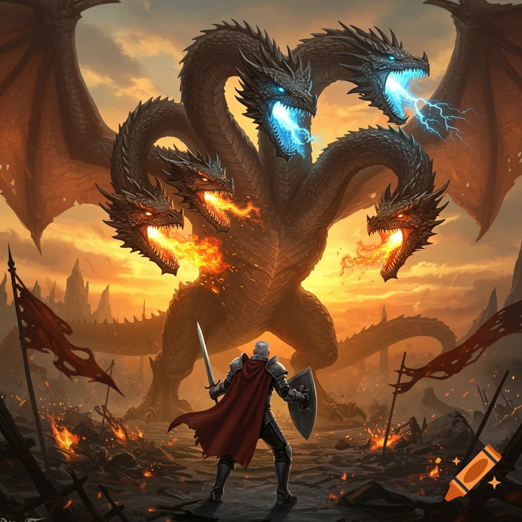 A knight in armor with a sword and shield confronts a colossal five-headed dragon breathing fire and lightning in an epic battle scene.
