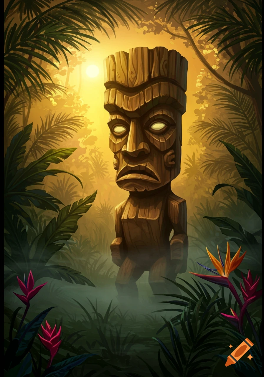 A wooden tiki statue with glowing eyes stands in a misty, sunlit jungle, surrounded by lush tropical plants and exotic flowers. Illustration.