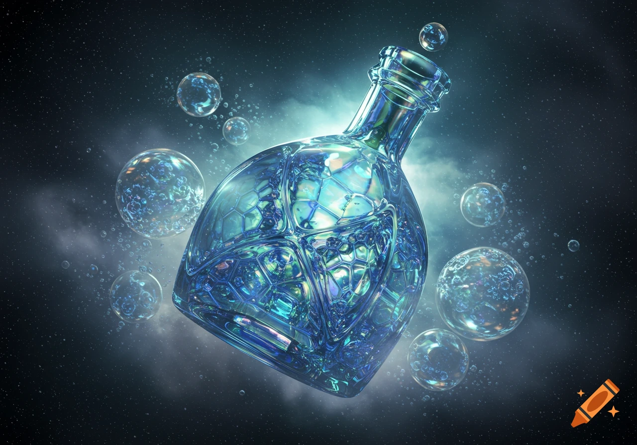 A vibrant blue-green glass bottle with intricate fractal patterns floats in a dark, starry space surrounded by bubbles.