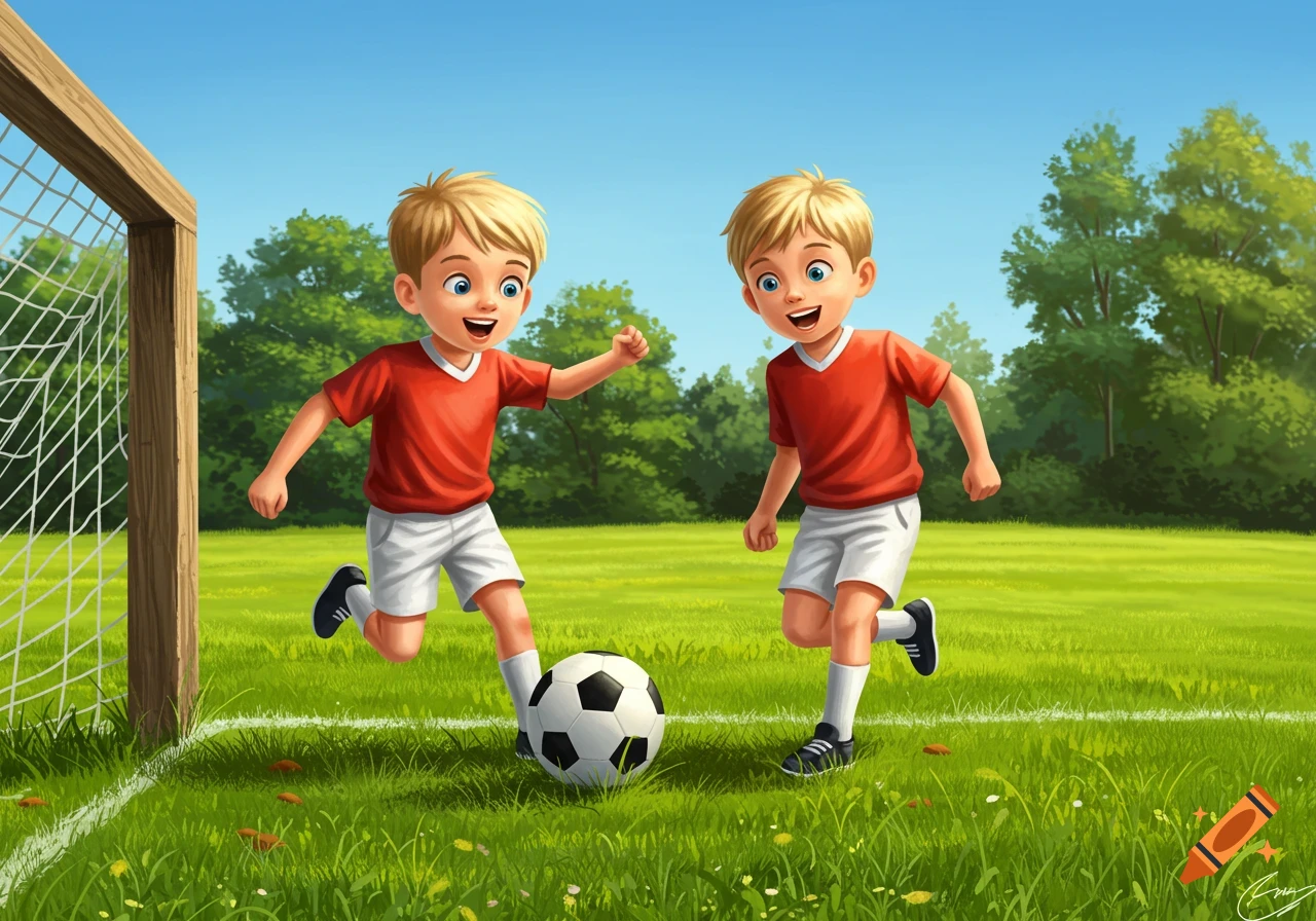 Two smiling cartoon boys in red shirts play soccer on a green field with a goal and trees.