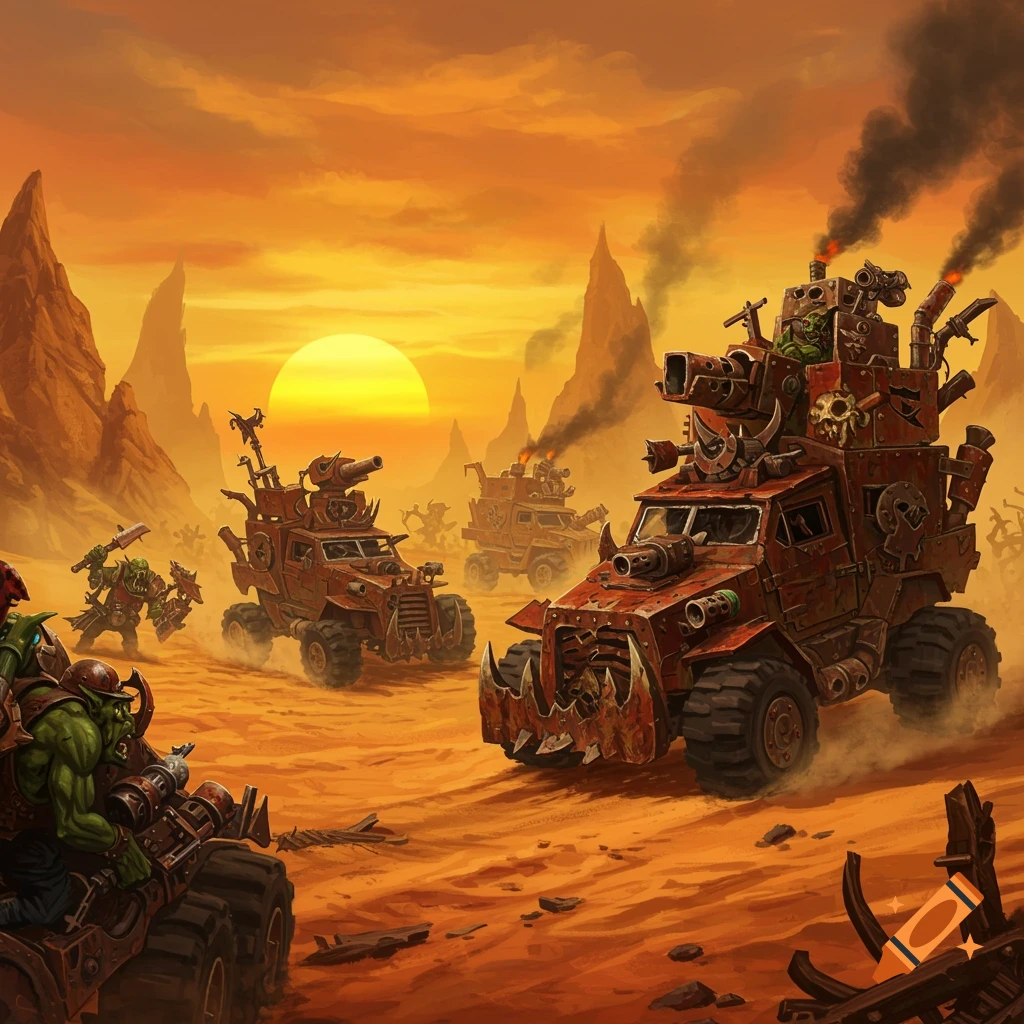 Armored orc war machines traverse a dusty, rocky desert under an orange sky and setting sun in a stylized fantasy art scene.