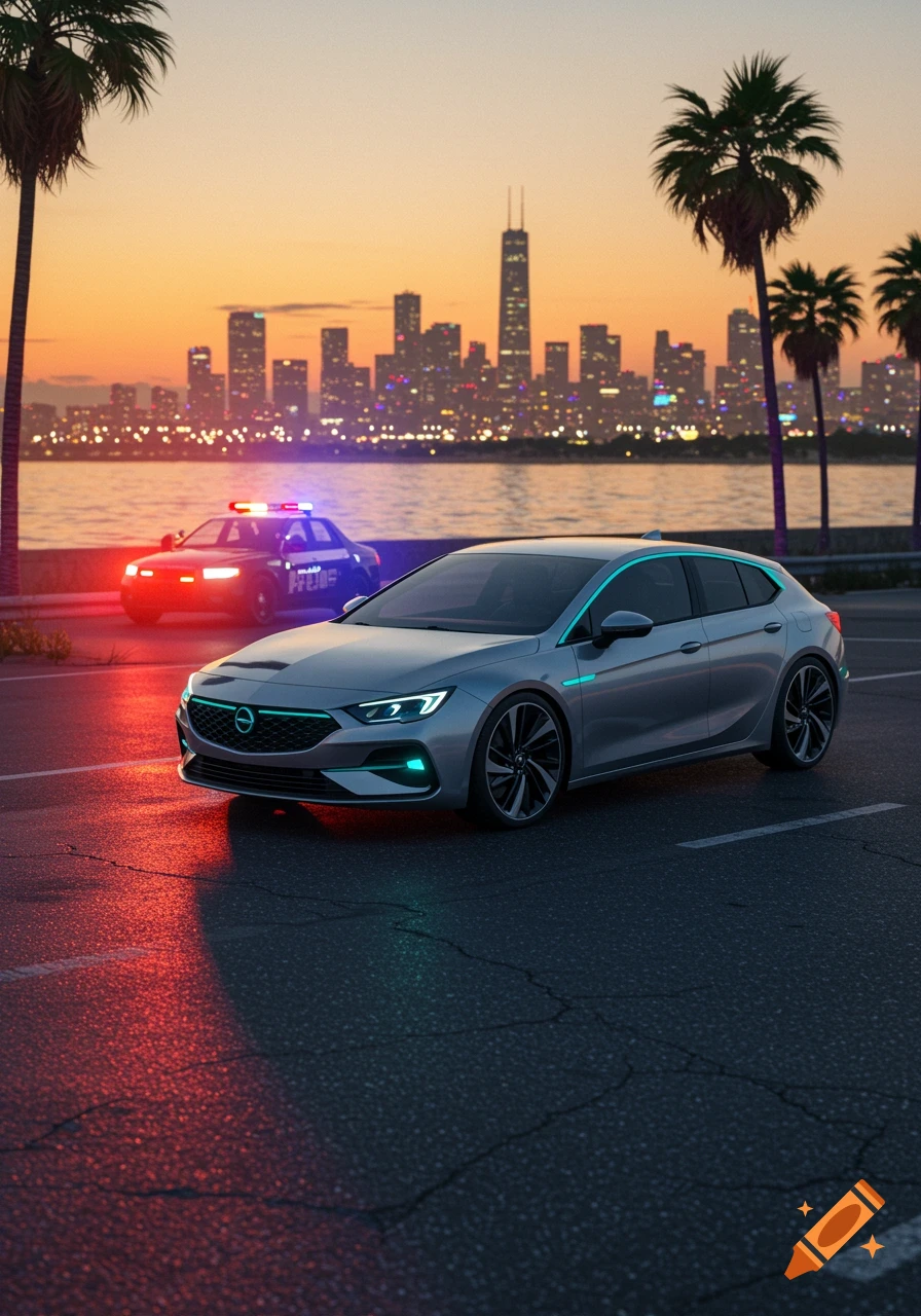 A silver car is pulled over by a police car with flashing lights on a road beside a body of water, with a cityscape and sunset in the background.