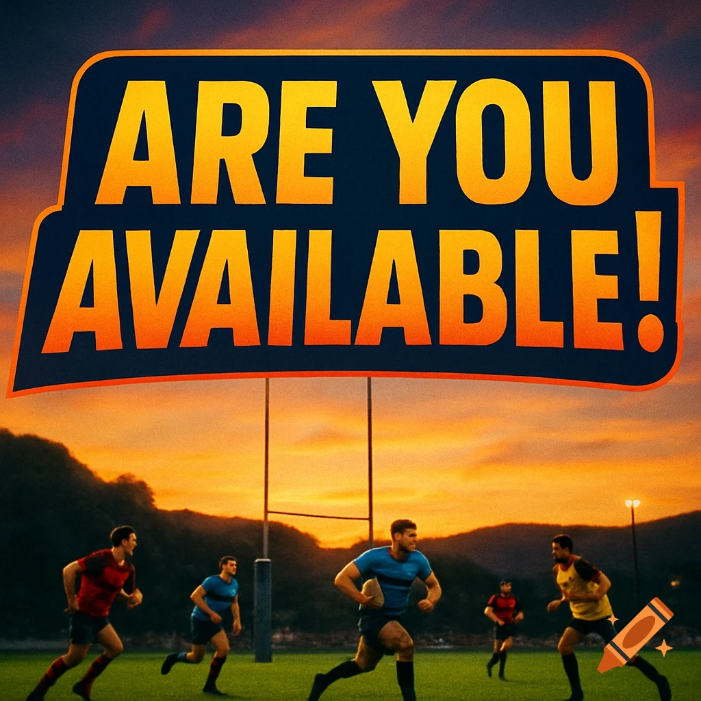 Three rugby players on a field during sunset, with a large banner overhead saying 'ARE YOU AVAILABLE!'.