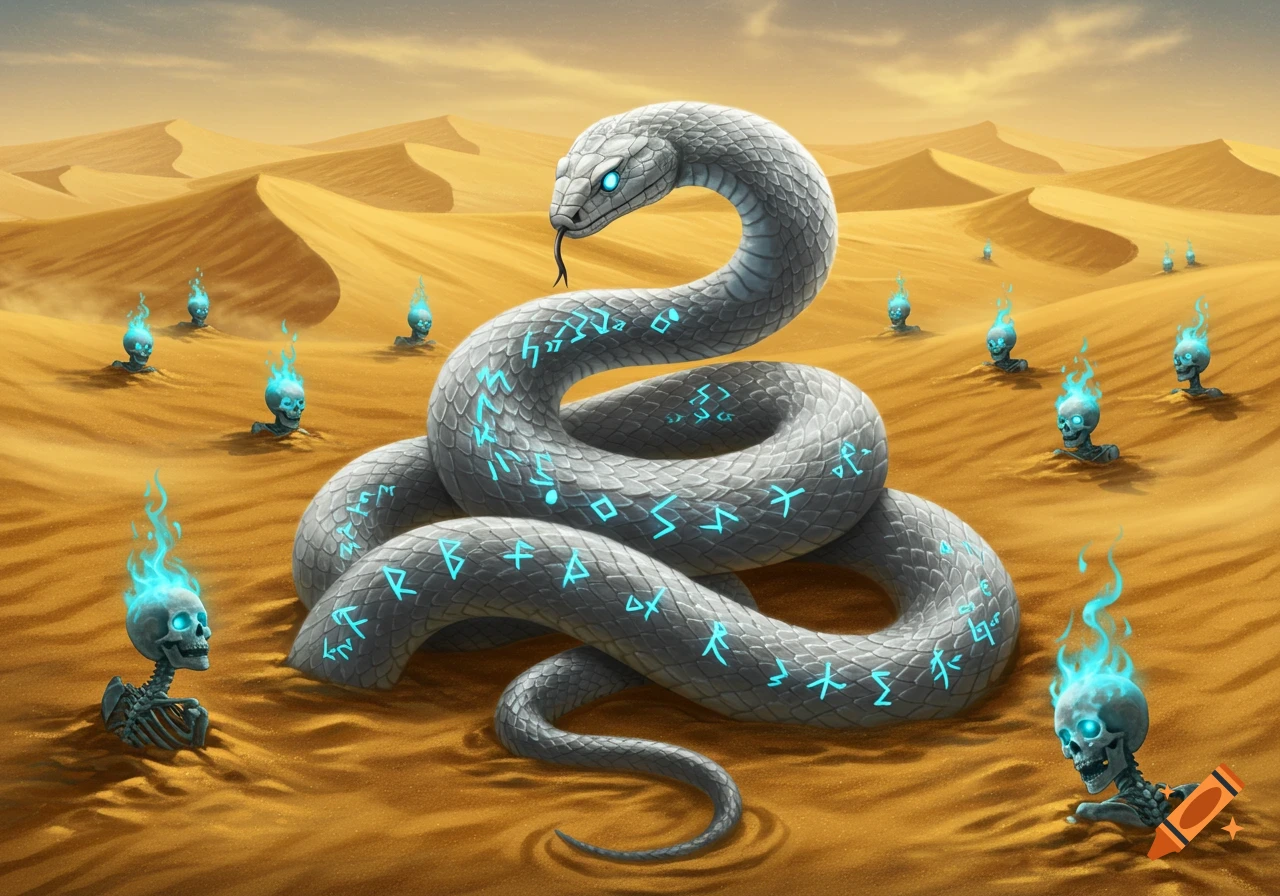 A large silver snake with glowing blue runes on its body is coiled in a sandy desert, surrounded by skeletons with blue flames on their heads emerging from the sand.