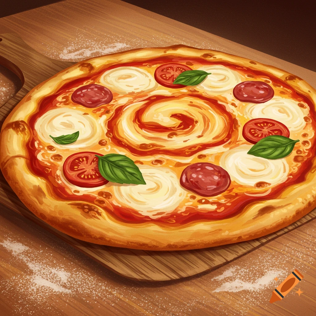 An illustrated pizza with pepperoni, tomato slices, basil leaves, and swirled cheese on a wooden board.