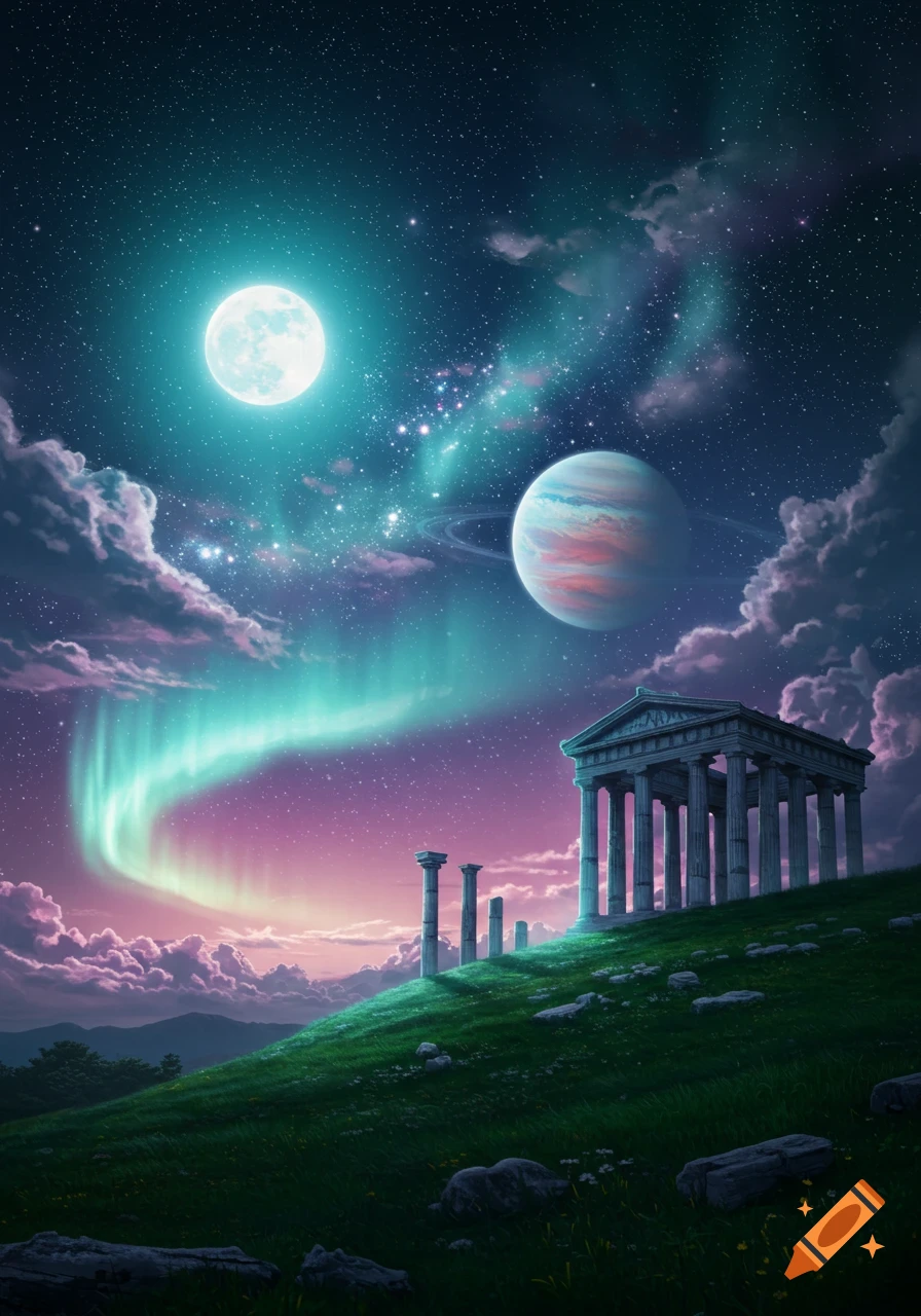 A full moon and ringed planet in a starry teal and purple sky with a green aurora above an ancient Greek temple on a grassy hill.