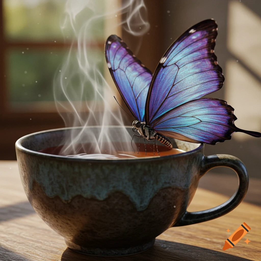 A vibrant blue and purple butterfly perches on the rim of a steaming brown teacup on a wooden surface.