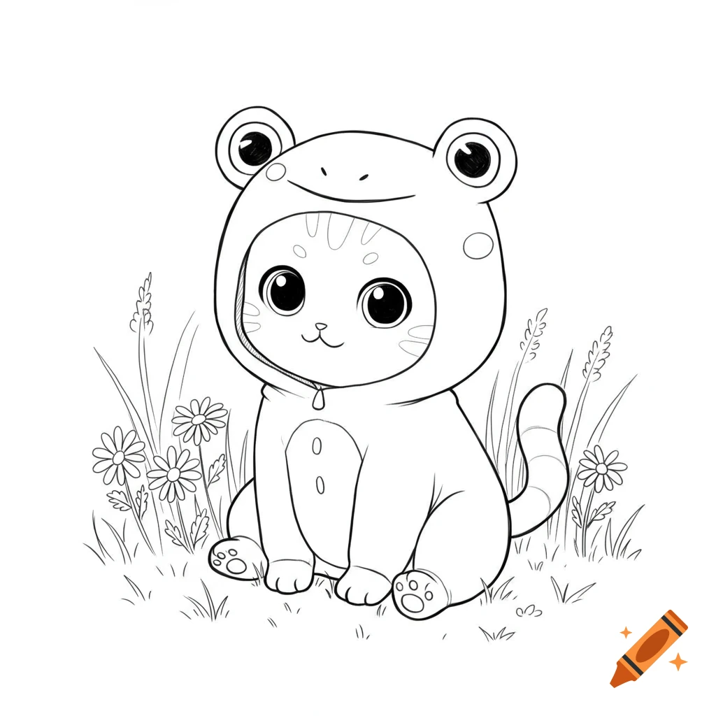 Chibi cat wearing a frog costume, sitting in grass with flowers, line art for a coloring page.