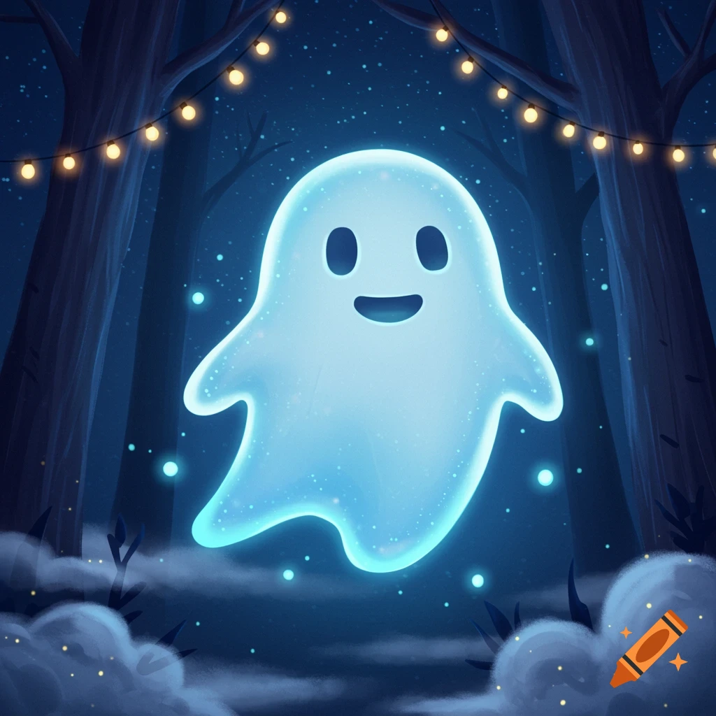 A friendly, glowing blue ghost floats in a dark forest at night, illuminated by string lights. Illustrated style.