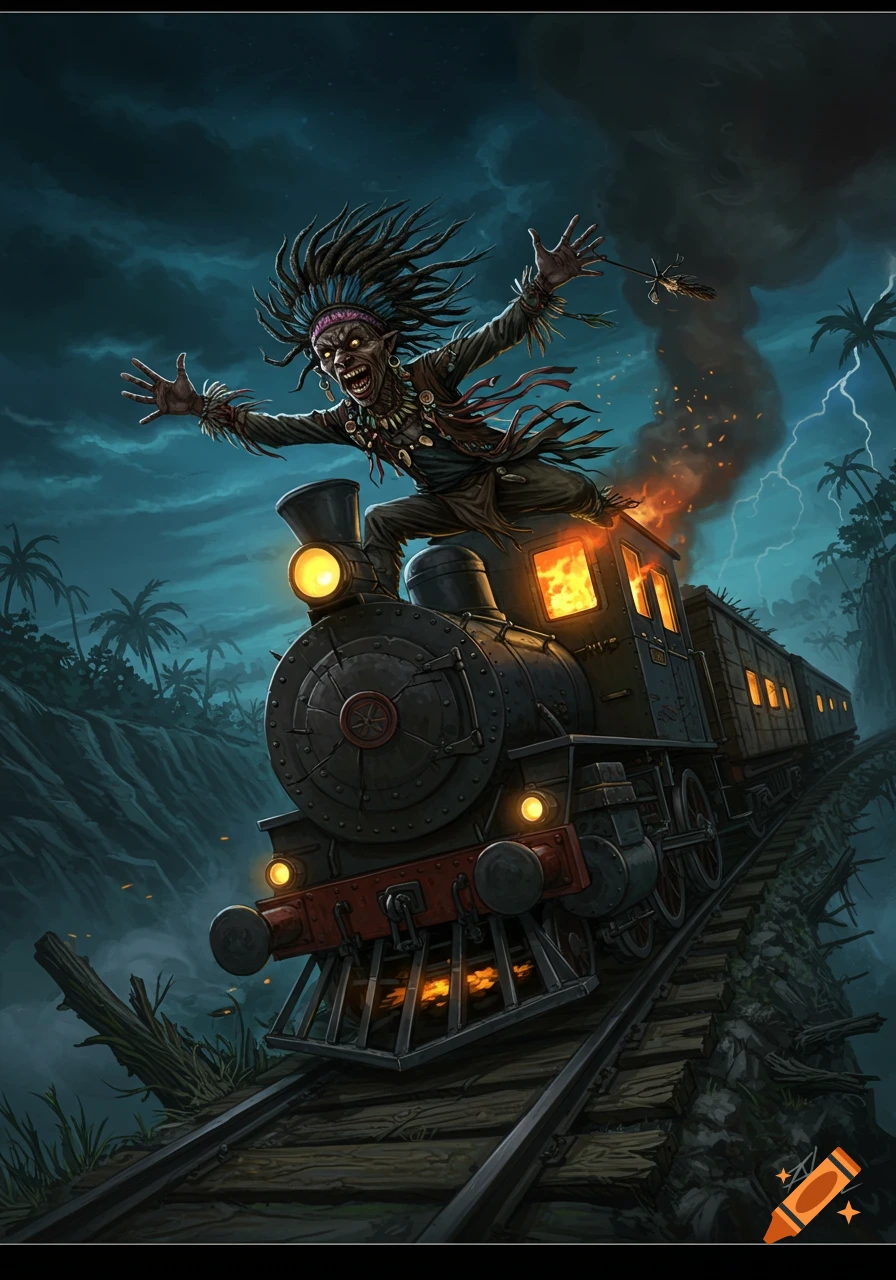 A leering witch doctor rides a speeding locomotive during a stormy night with lightning and palm trees.