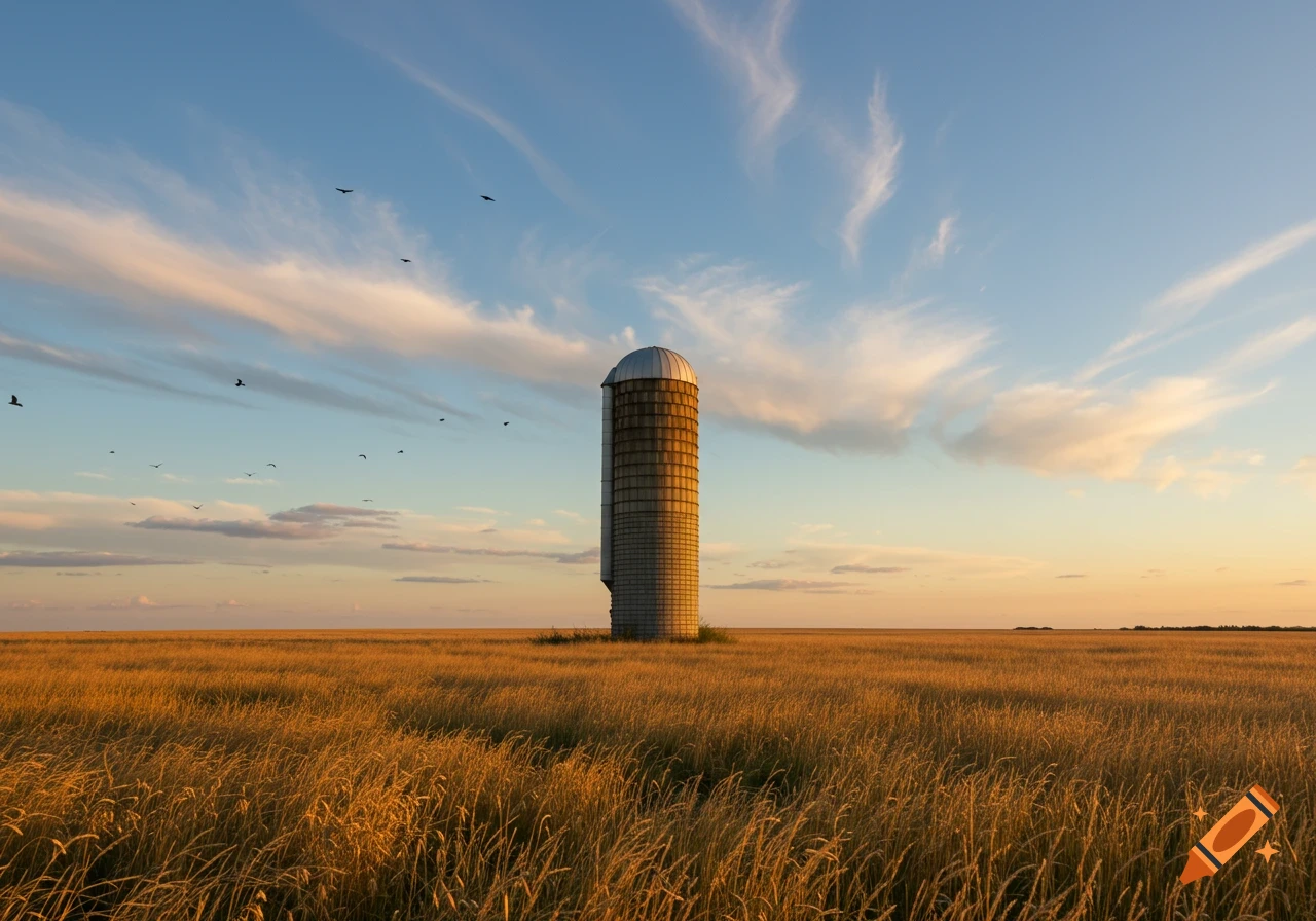 A tall silo stands in a golden field under a blue and orange sunset sky with birds flying.