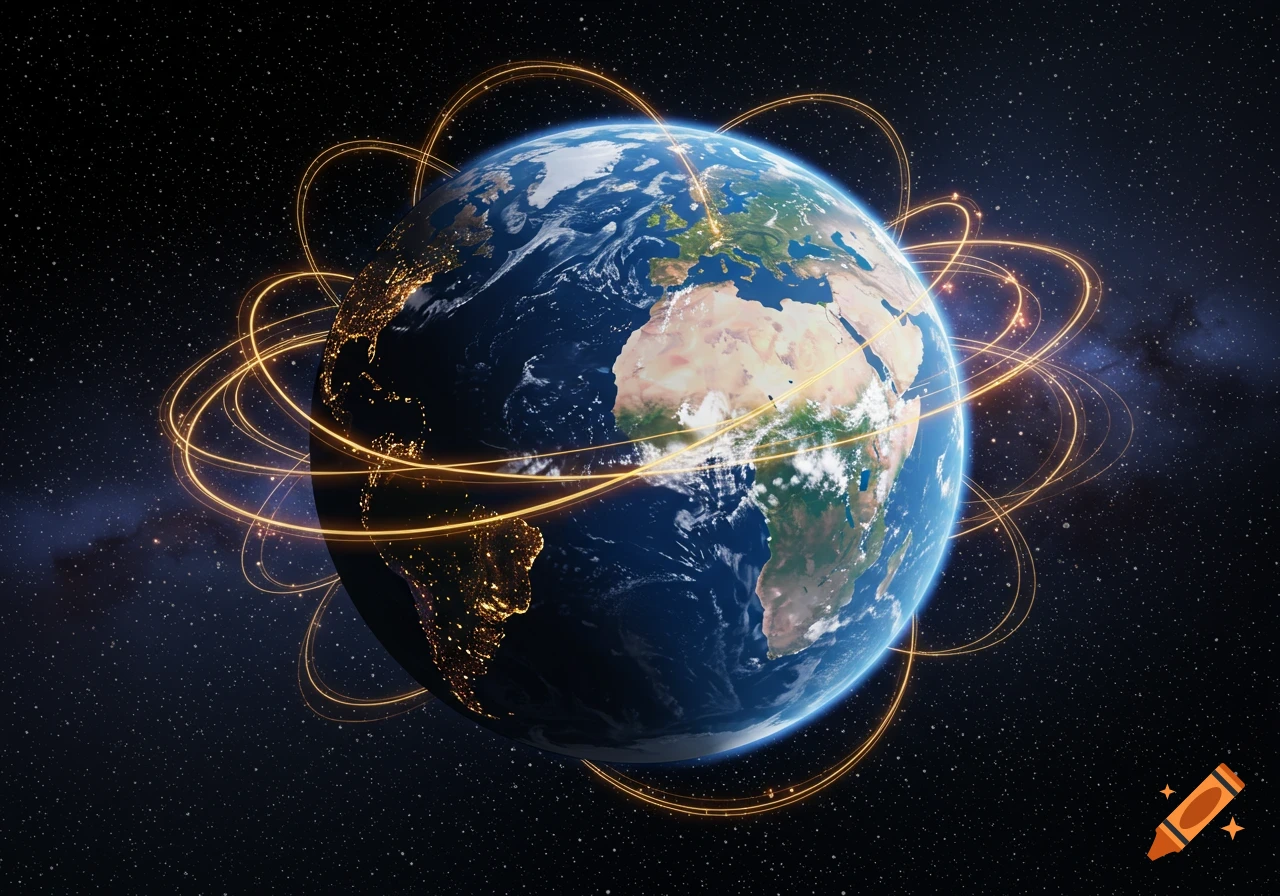 Photorealistic image of Earth from space with glowing golden lines encircling it, representing global connections.