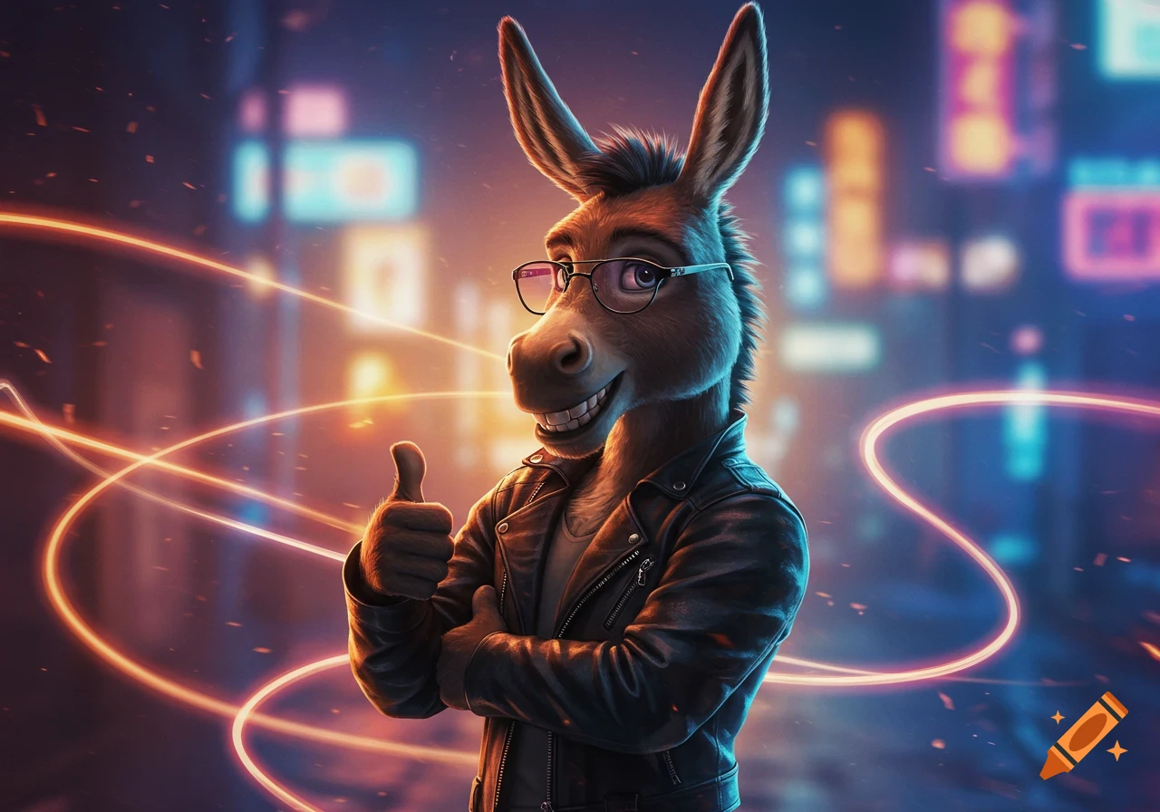 A cool humanoid donkey wearing a leather jacket and glasses gives a thumbs-up in a neon city.