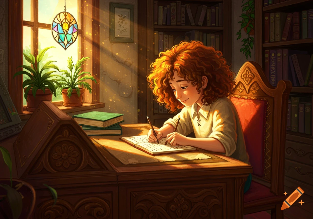 An illustrated curly-haired child writes at a detailed wooden desk, bathed in warm sunlight from a window with stained glass, with bookshelves behind.