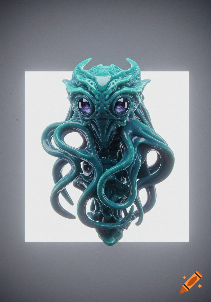 A teal, tentacled alien creature with large purple eyes, rendered in a glossy 3D style, against a white square on a gray background.
