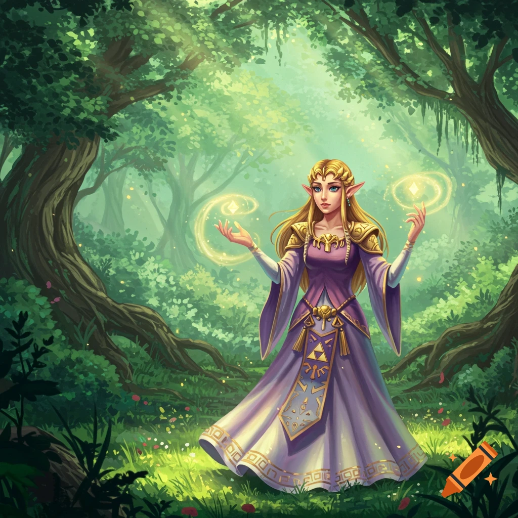 Illustrated Princess Zelda in a vibrant, sunlit fantasy forest, holding glowing magical orbs.