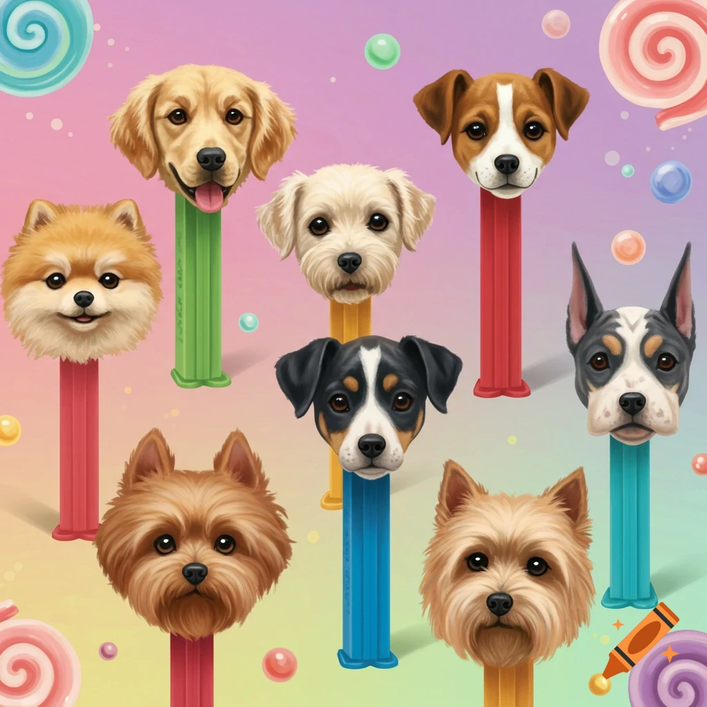 Multiple dog breed heads on colorful Pez dispensers with a pastel background and candy swirls.
