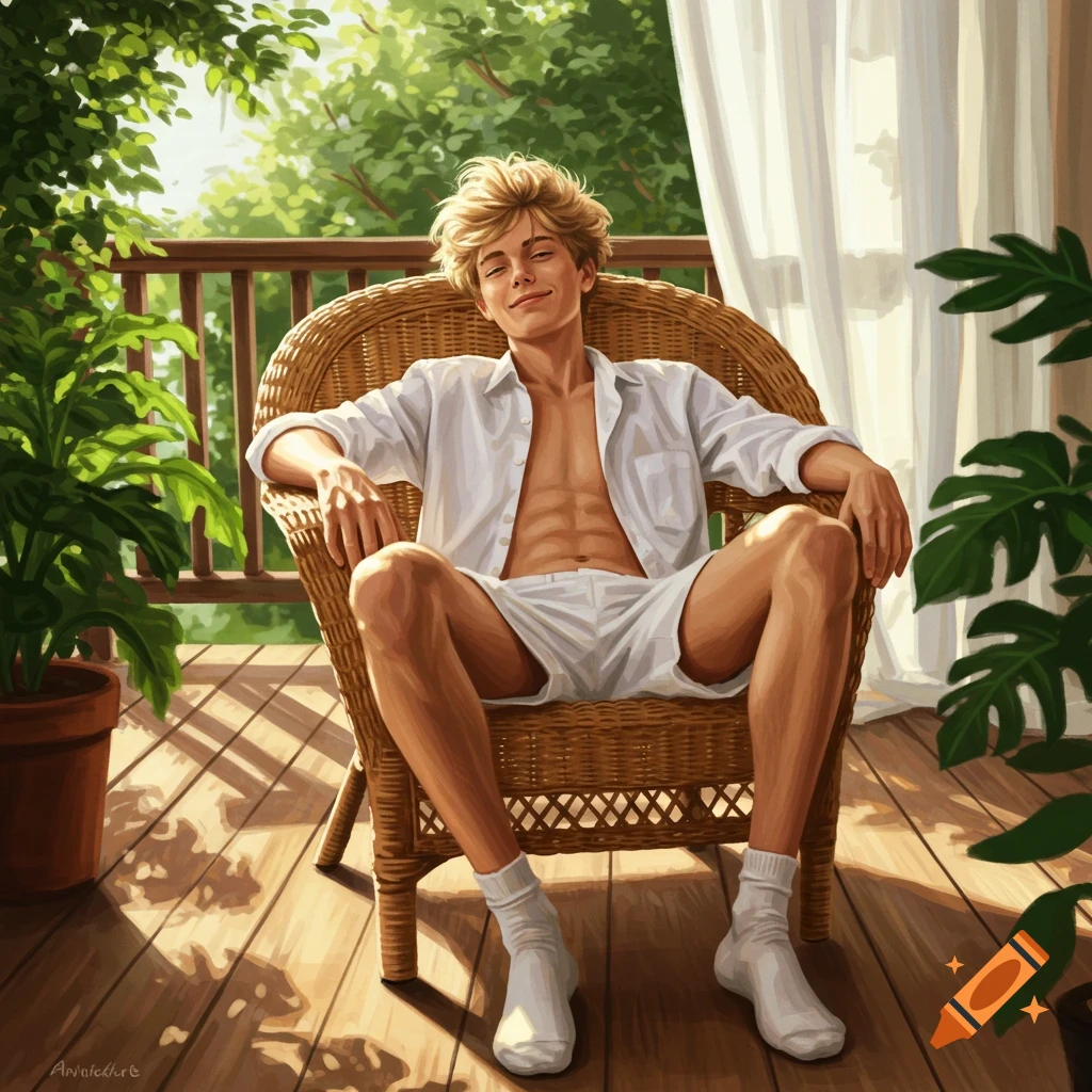 A relaxed blonde man in an open white shirt and shorts sits in a wicker chair on a sunny wooden balcony surrounded by plants. Illustration.