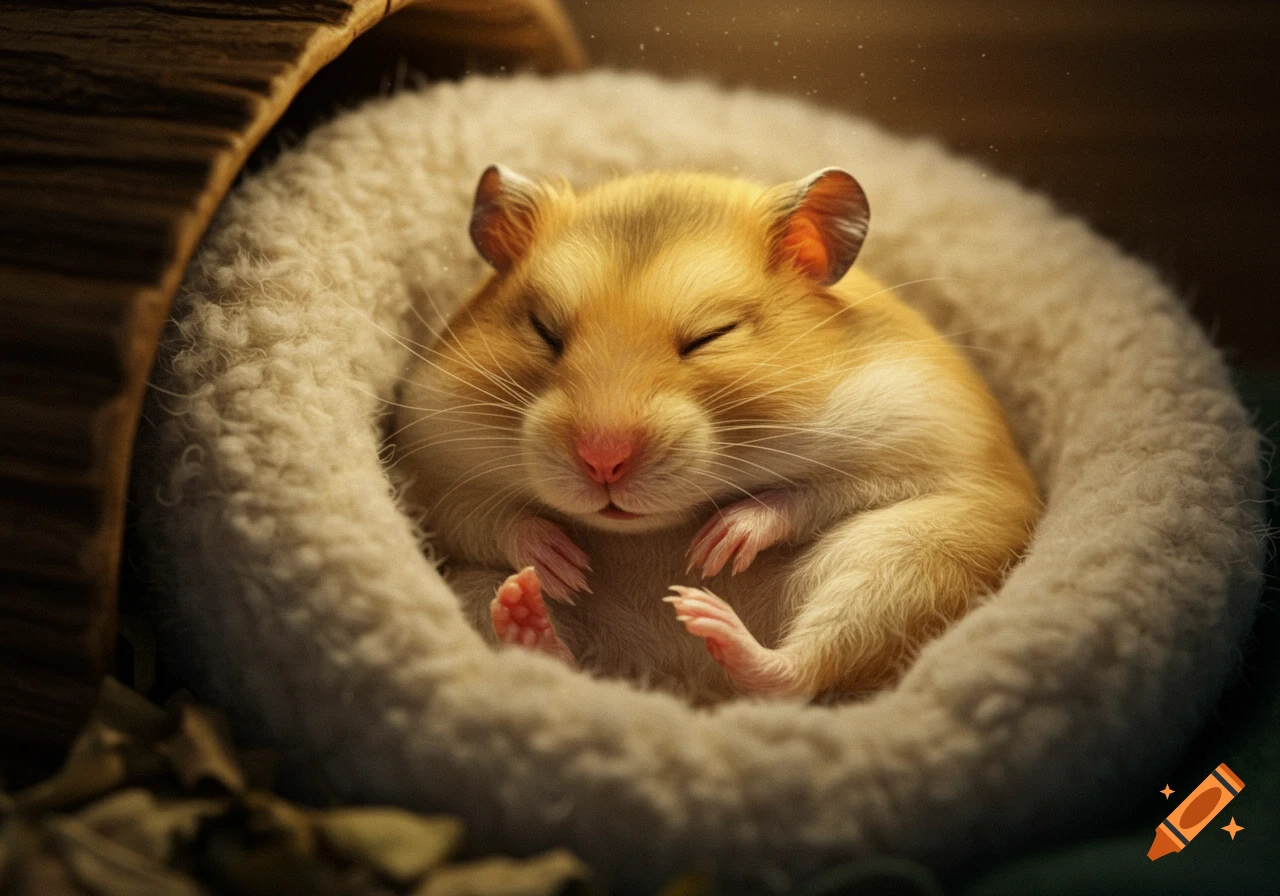 A cute hamster sleeping soundly in a fluffy beige bed.