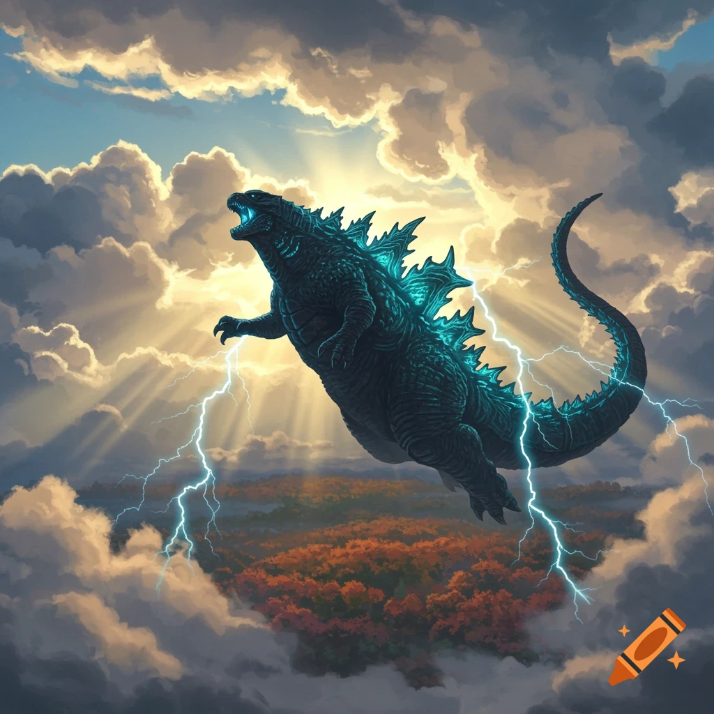 Godzilla roars as he flies through a stormy, cloudy sky with lightning, above a forested landscape.