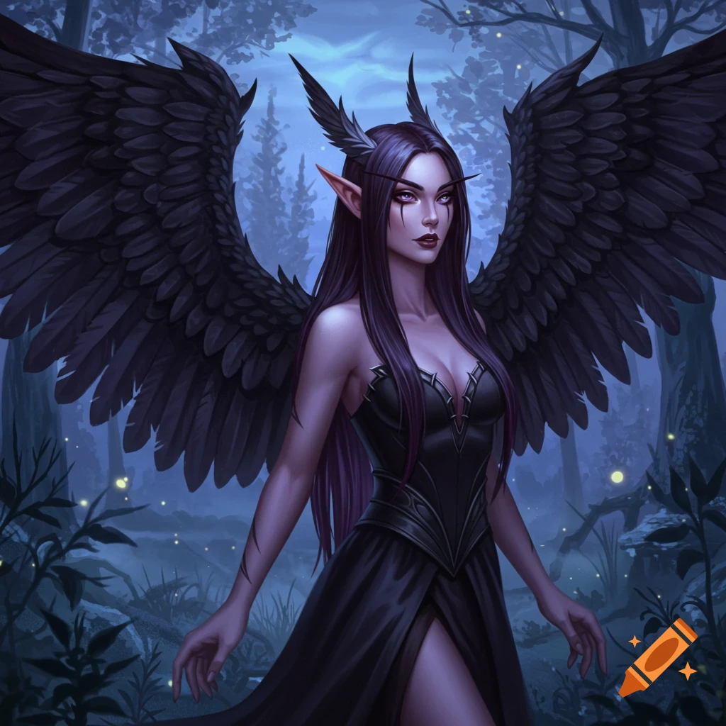 A dark fantasy woman with long dark purple hair, elf ears, and large black feathered wings stands in a mystical dark forest.