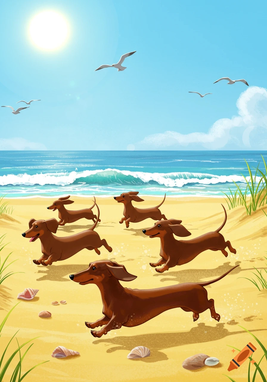 Multiple brown dachshund dogs run and play joyfully on a sunny sandy beach with blue ocean waves and seagulls in the sky, in an illustrative style.