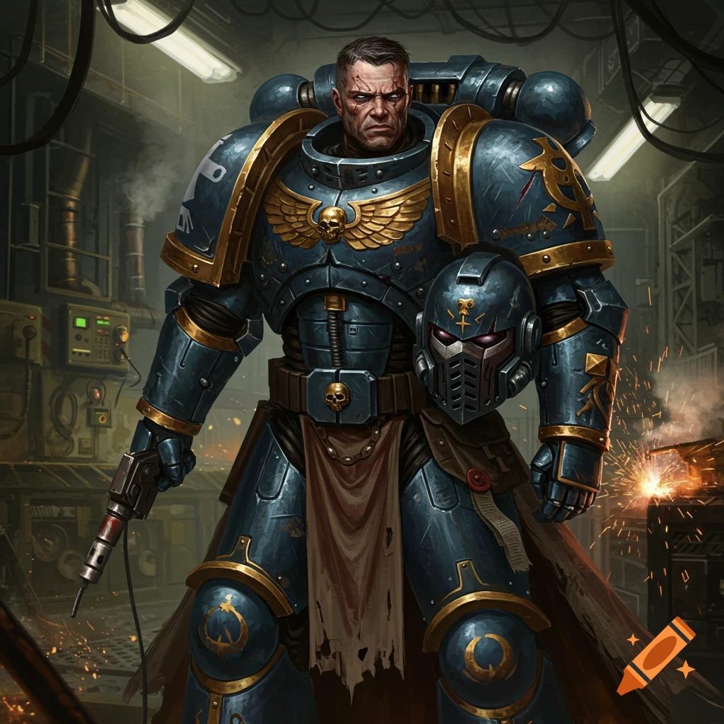 A grim-faced Warhammer 40k Space Marine in blue and gold power armor holds his helmet in an industrial setting.