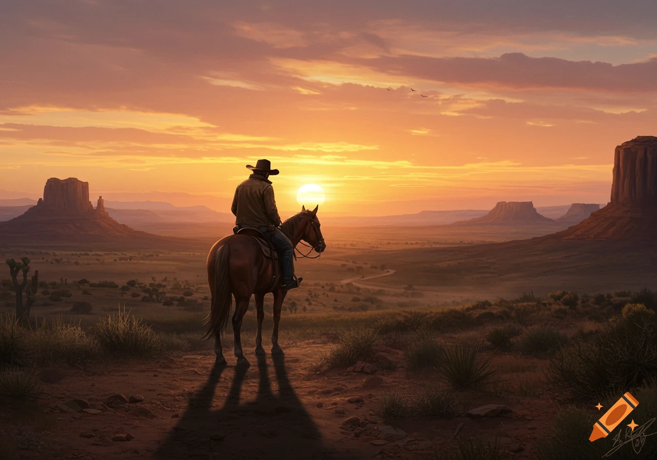 A cowboy on horseback looks out over a vast desert valley with mesas at sunset, photorealistic style.