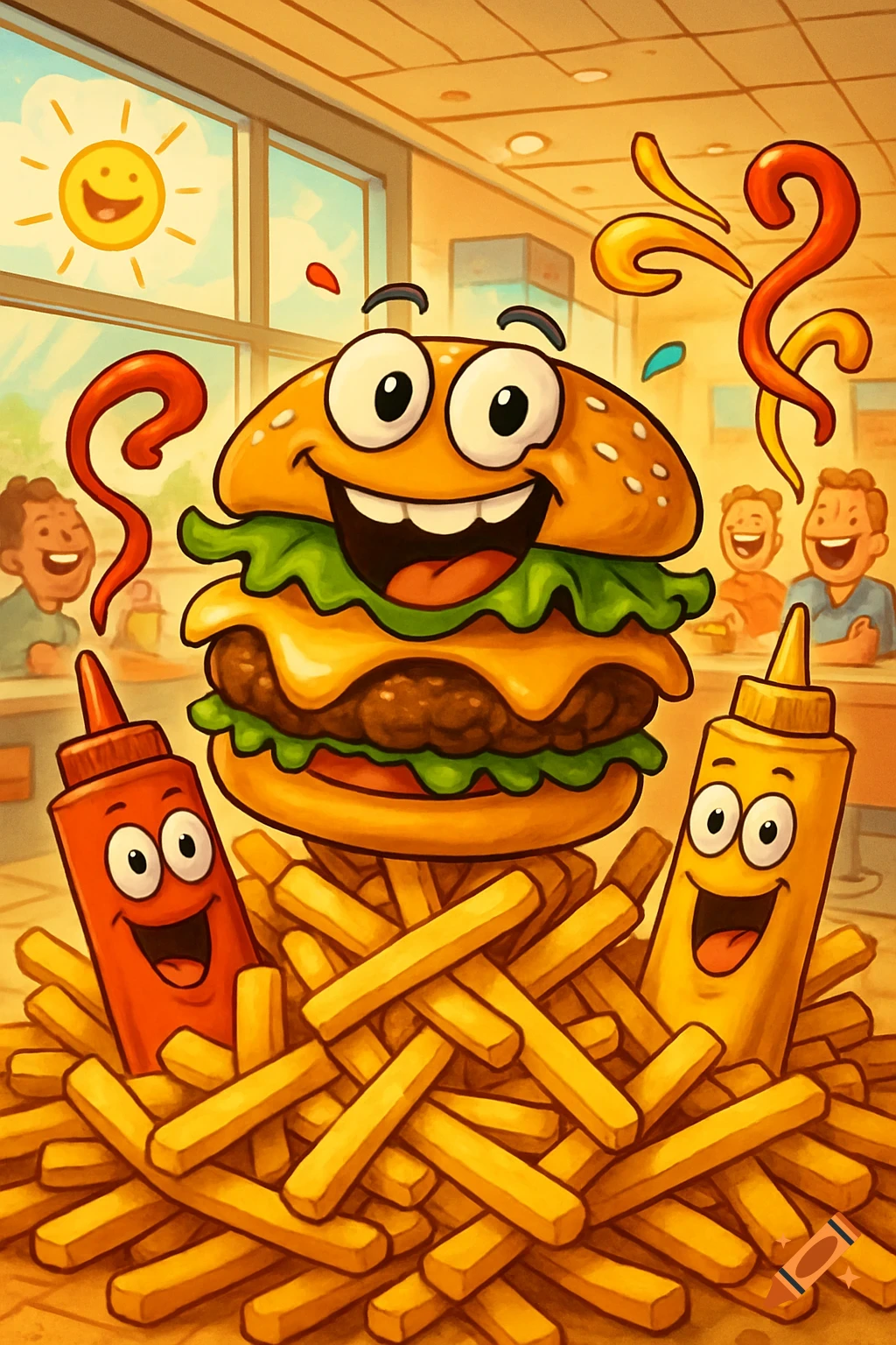 A happy cartoon burger on a pile of french fries, flanked by smiling ketchup and mustard bottles, with people and a smiling sun in the background.