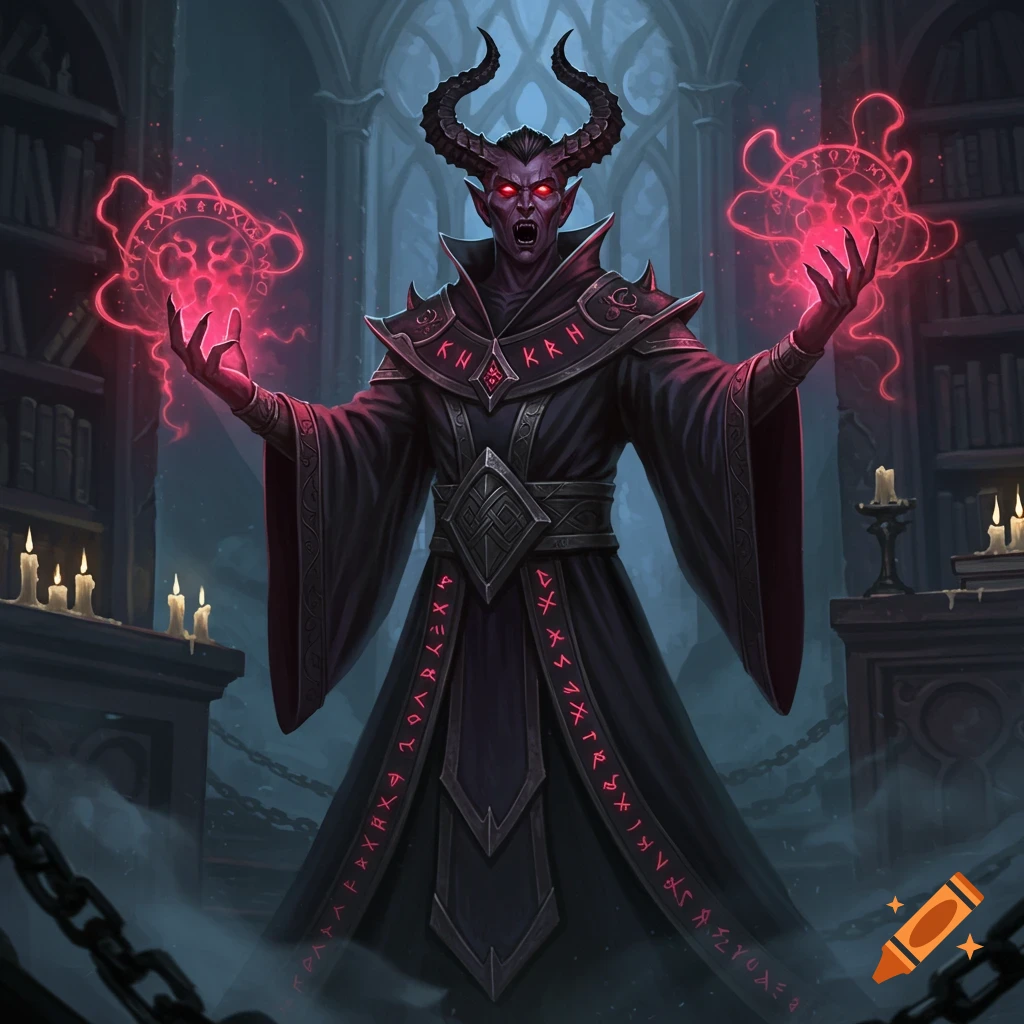 A horned sorcerer with glowing red eyes casts spells in a dark, gothic library, surrounded by candles and chains.