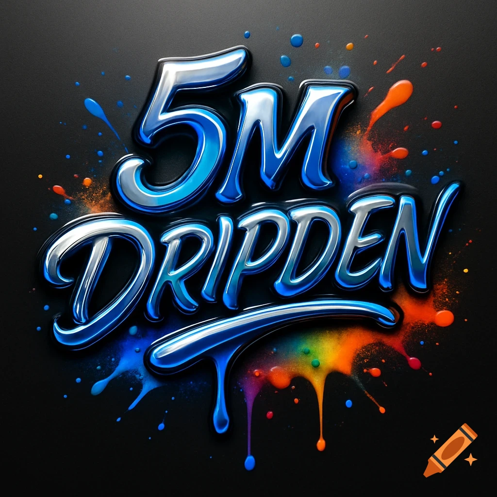 Glossy blue metallic text '5M DRIPDEN' with colorful paint splatters and drips on a dark background, in a logo style.