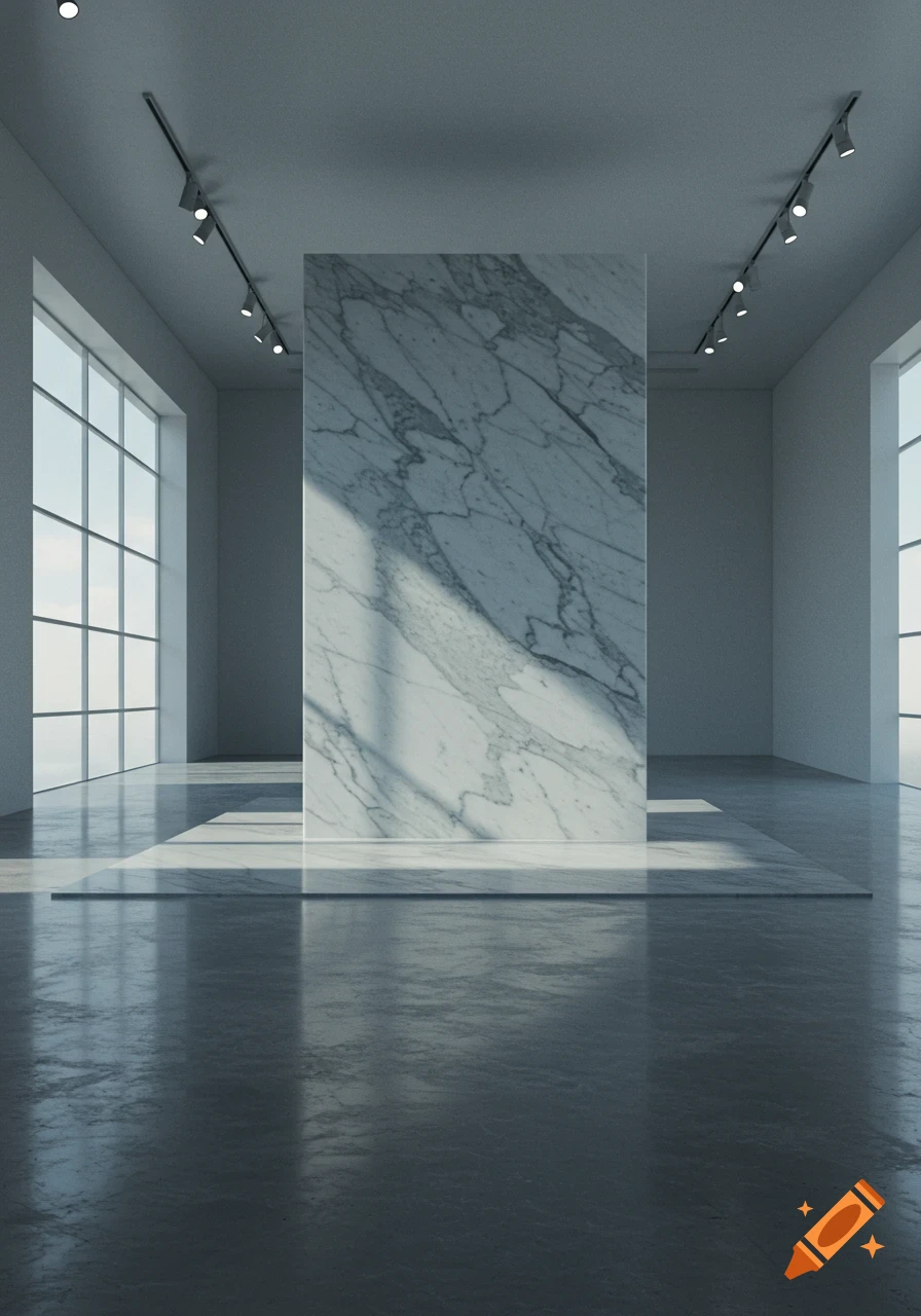 A tall white marble slab in a minimalist room with large windows, illuminated by sunlight. Photorealistic.