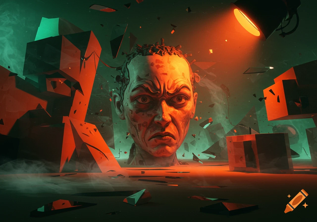 A large, angry, stylized face floats amid shattering geometric red and teal shapes in a smoky, dramatic light.