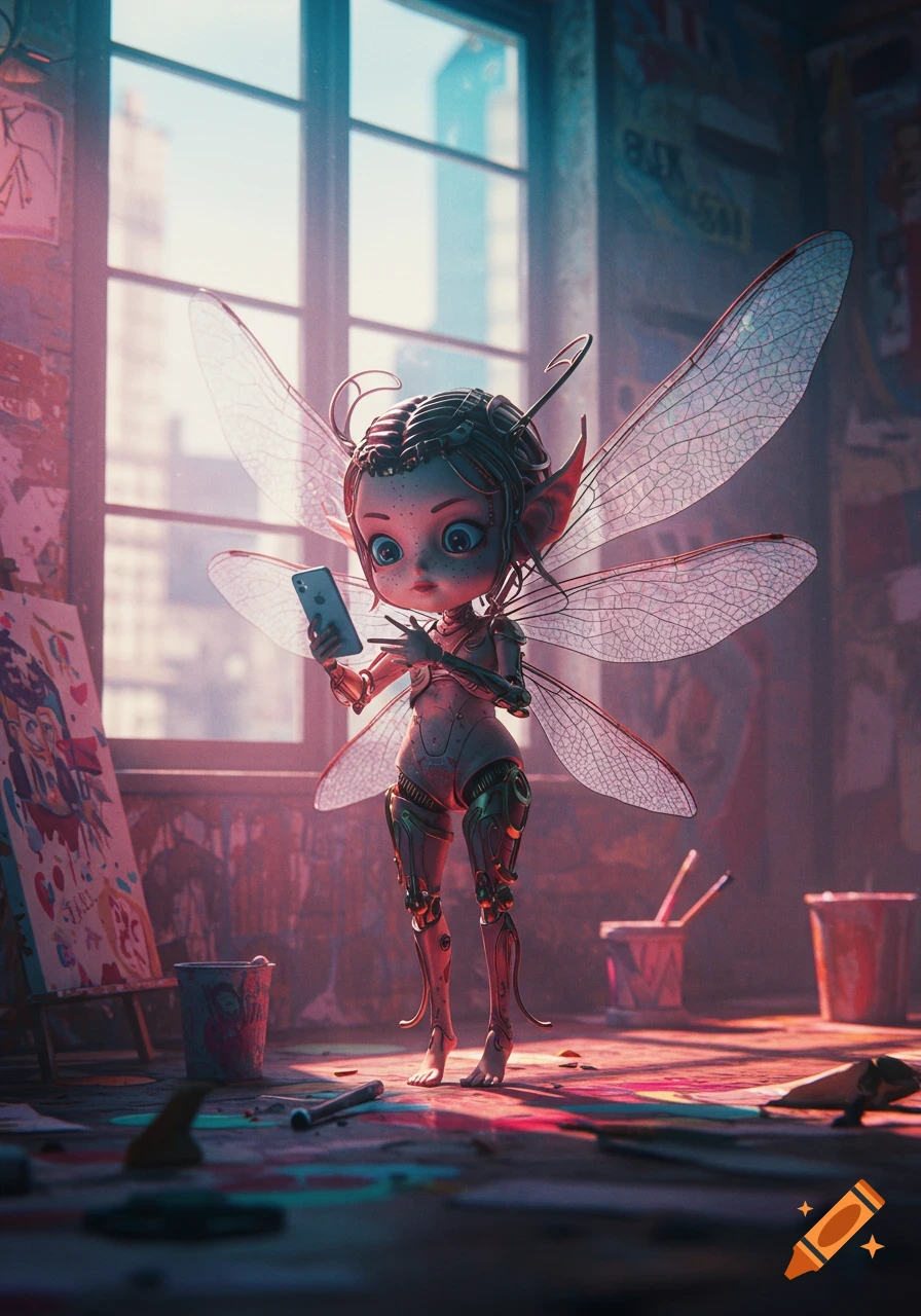 A stylized cyborg fairy with large dragonfly wings holds an iPhone in a messy artist's studio bathed in warm light. An easel with a colorful painting stands nearby.