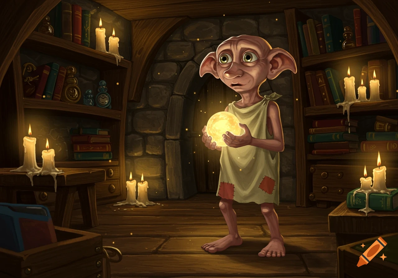 A house-elf resembling Dobby stands in a dimly lit, candle-filled room, holding a glowing yellow orb. Books fill shelves in the background.