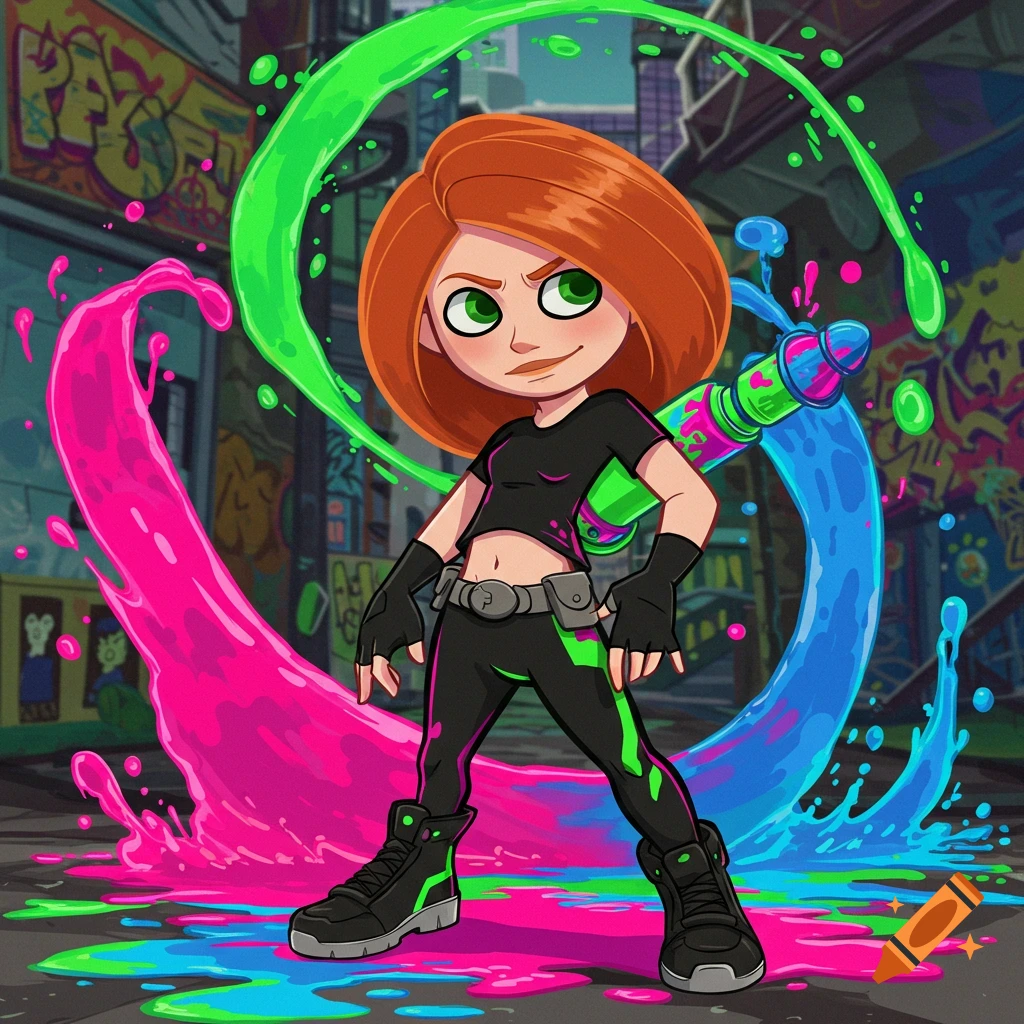 Cartoon Kim Possible with a paint blaster in a graffiti alley, surrounded by vibrant paint splashes.