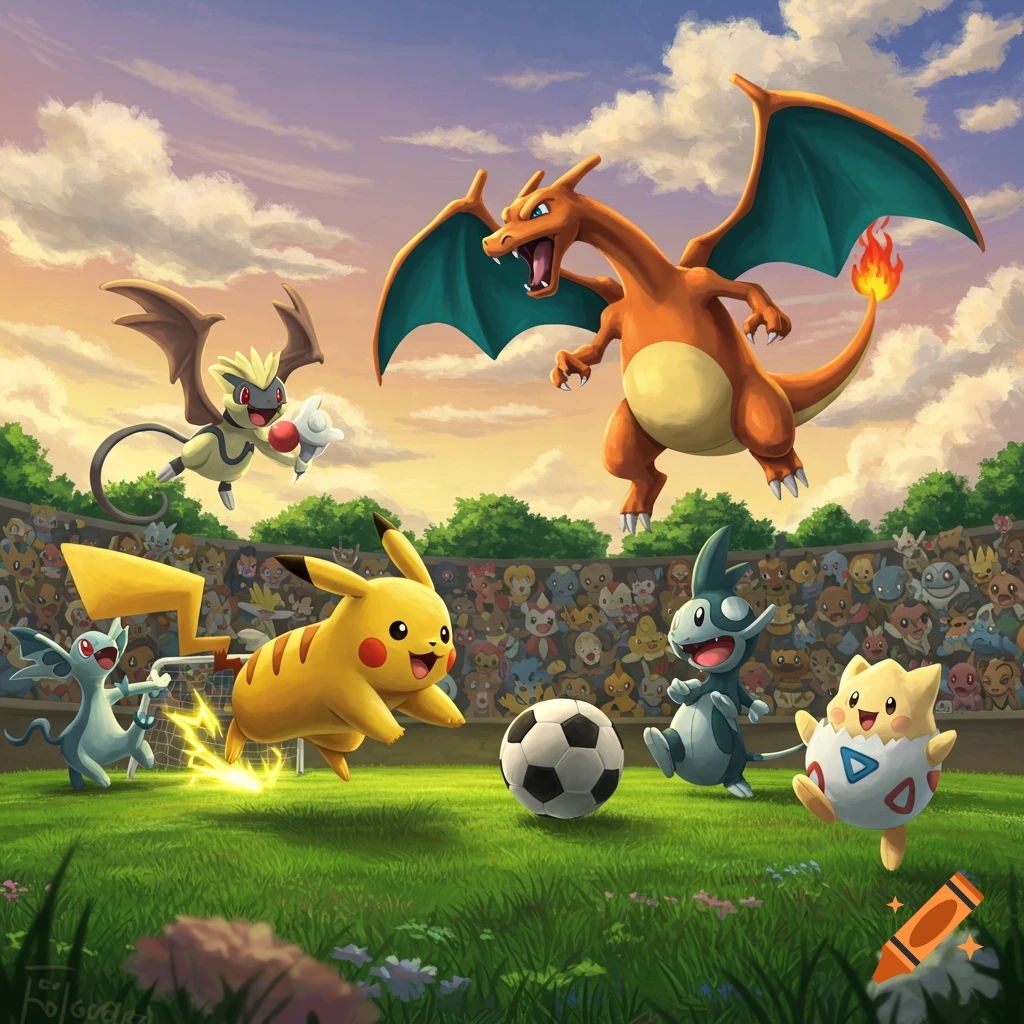 Pikachu, Charizard, and other Pokemon play soccer on a green field inside a stadium under a colorful sky.