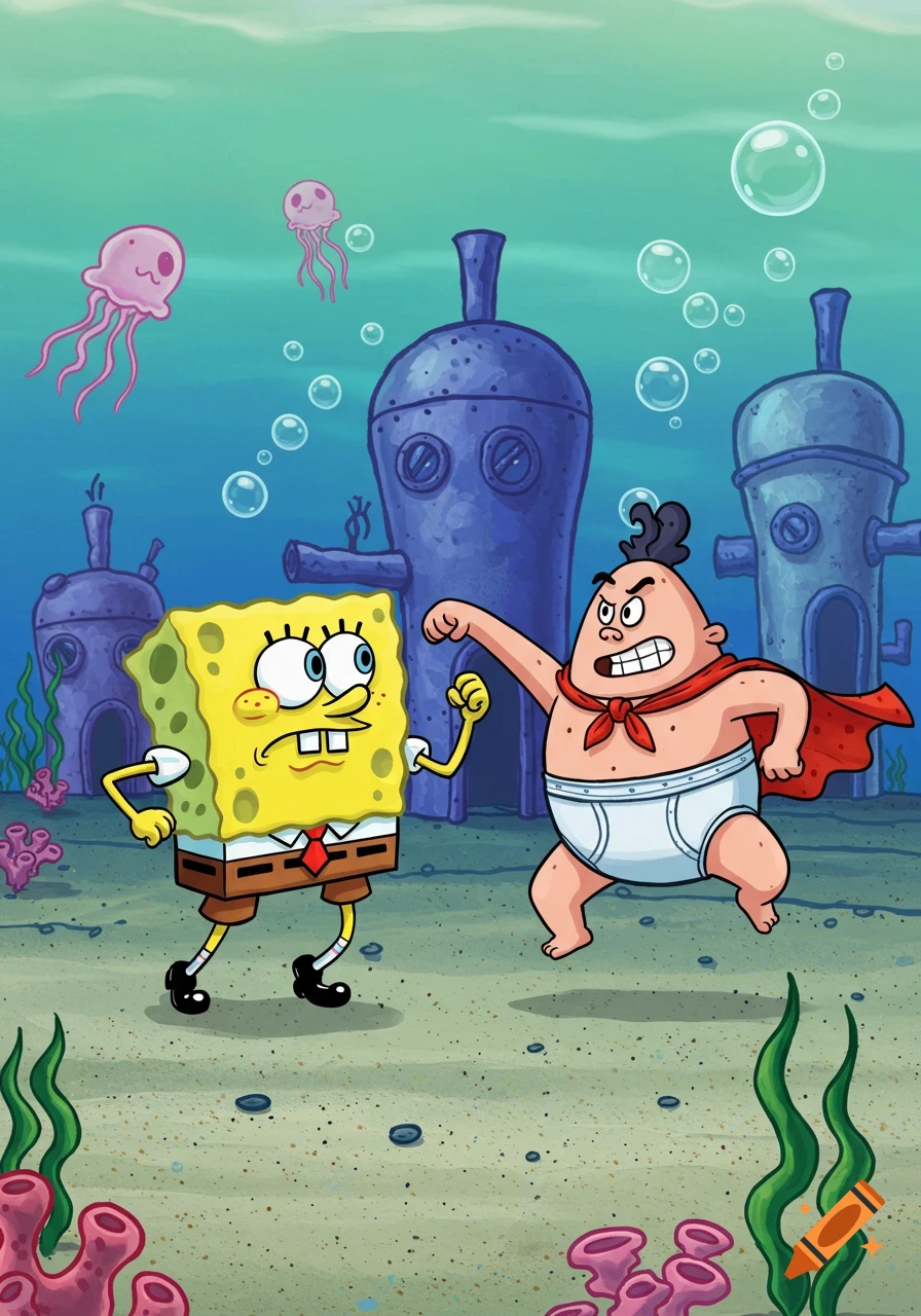 SpongeBob Squarepants and Captain Underpants confront each other underwater, Captain Underpants with a raised fist.