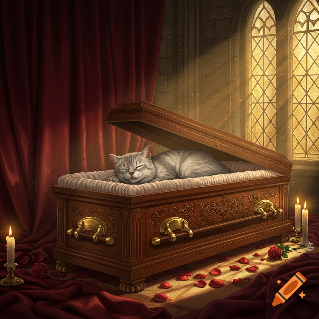 A fluffy gray cat sleeps peacefully in a decorated wooden casket with a white interior, surrounded by red drapes, candles, and rose petals, lit by sunlight through gothic windows.
