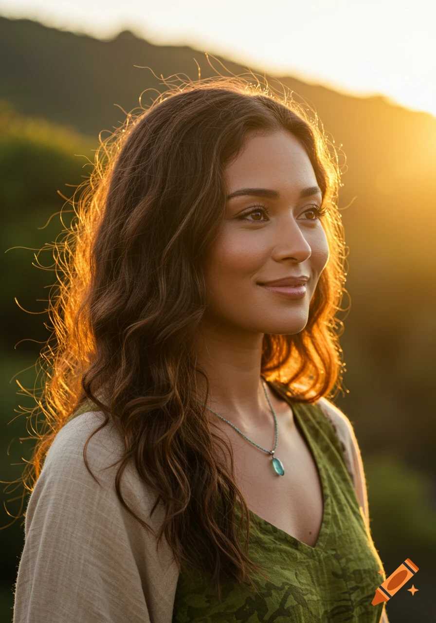 A portrait of a woman with long wavy brown hair backlit by golden sunset light, wearing a green top and a turquoise necklace.